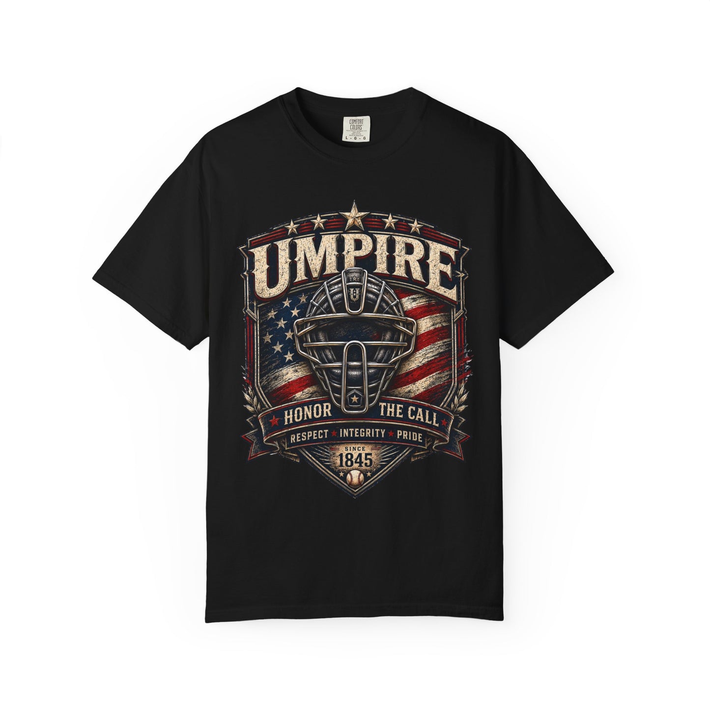 Umpire Shield T‑Shirt — Vintage Baseball Umpire Tribute with American Flag