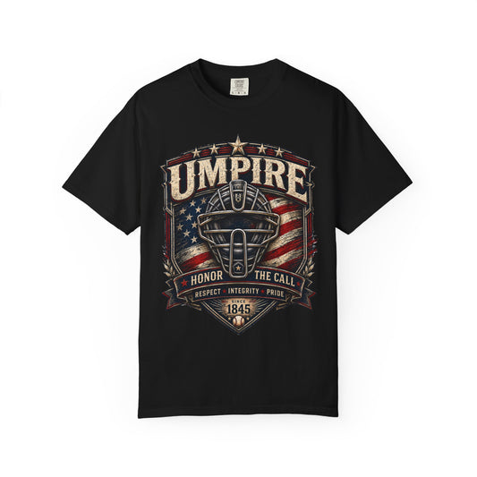 Umpire Shield T‑Shirt — Vintage Baseball Umpire Tribute with American Flag