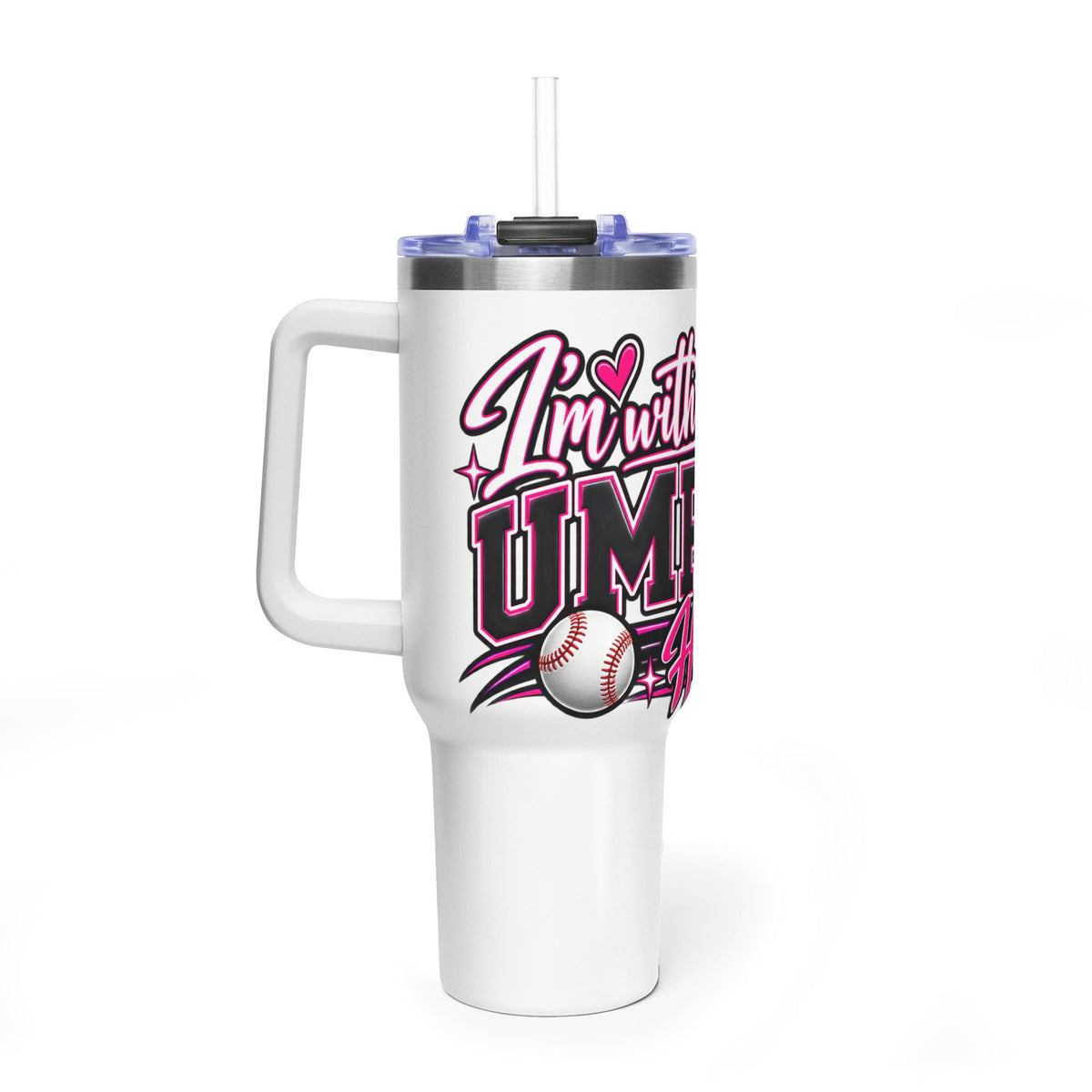 "I'm With the Umpire" Pink Baseball Travel Mug