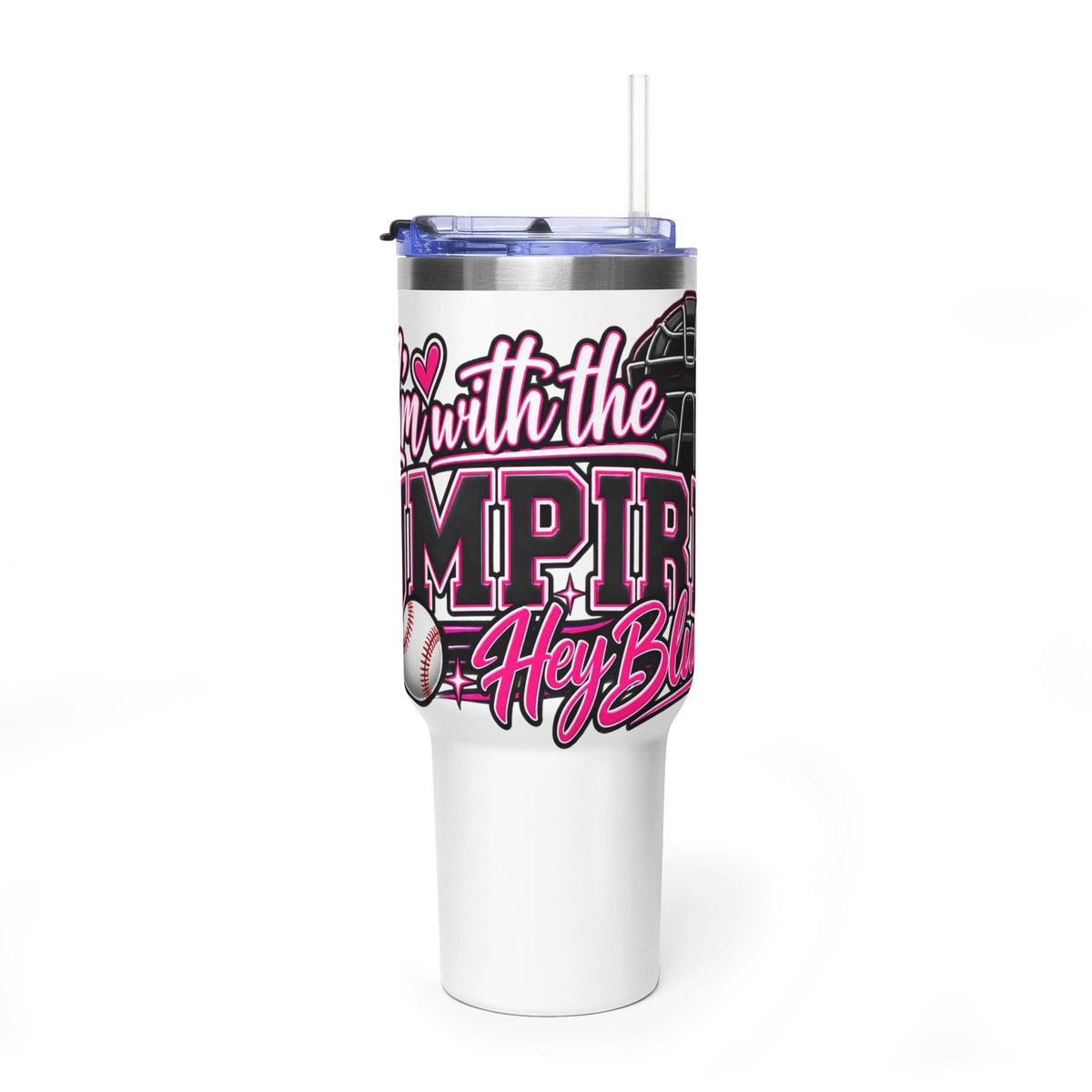 "I'm With the Umpire" Pink Baseball Travel Mug