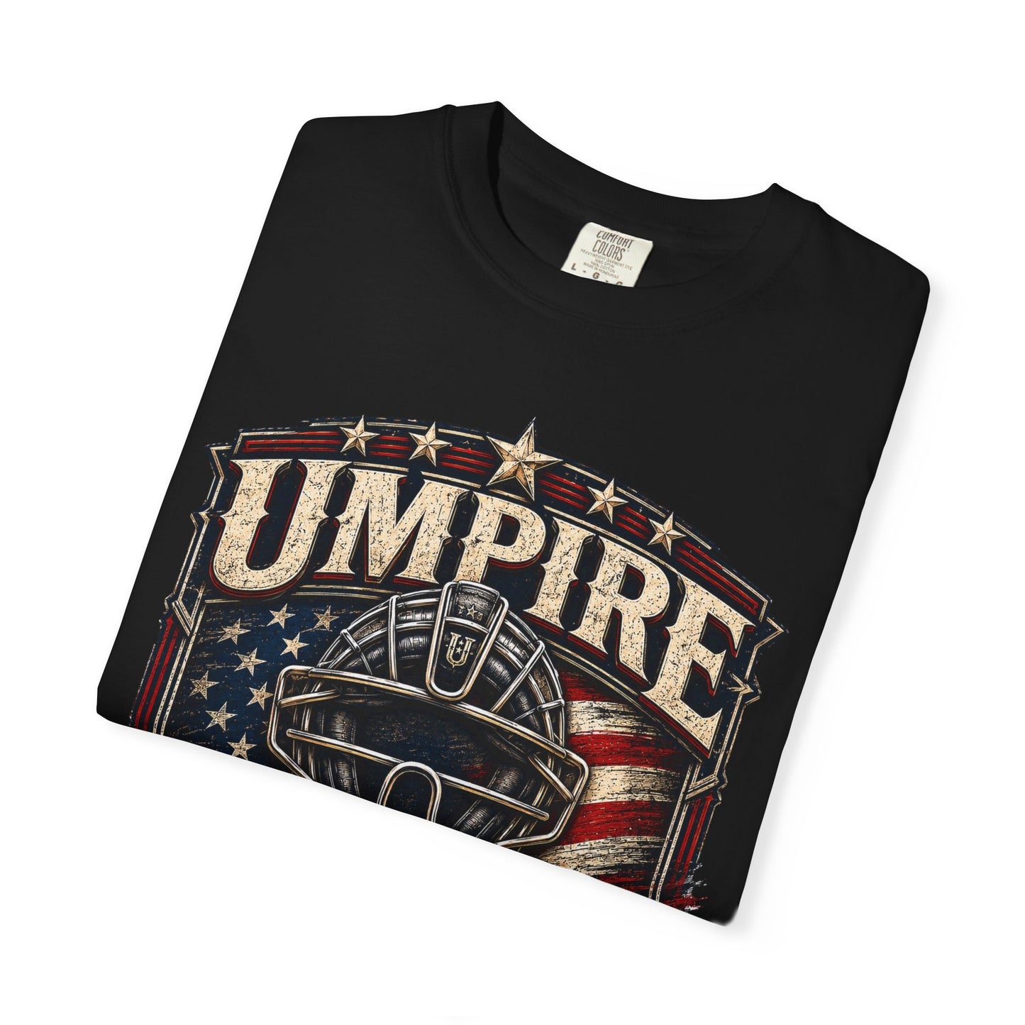 Umpire Shield T‑Shirt — Vintage Baseball Umpire Tribute with American Flag