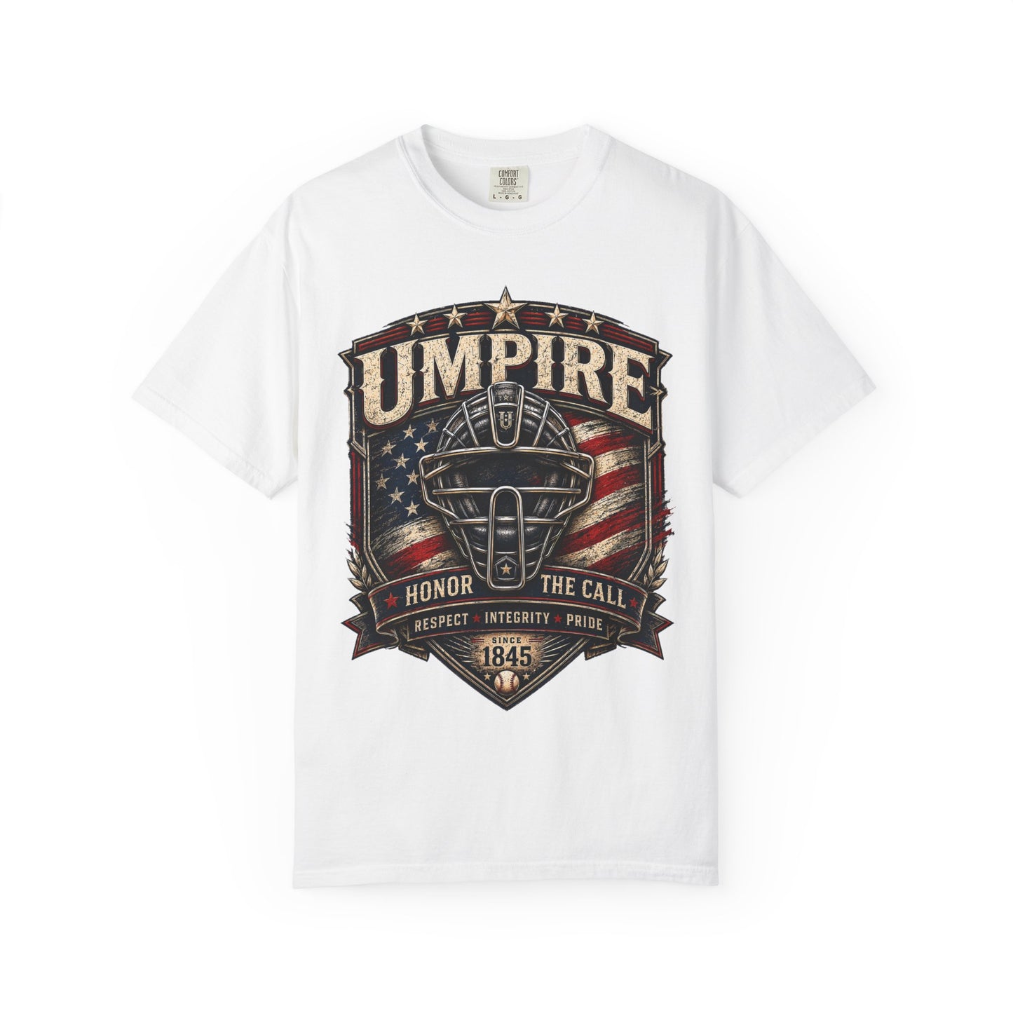 Umpire Shield T‑Shirt — Vintage Baseball Umpire Tribute with American Flag