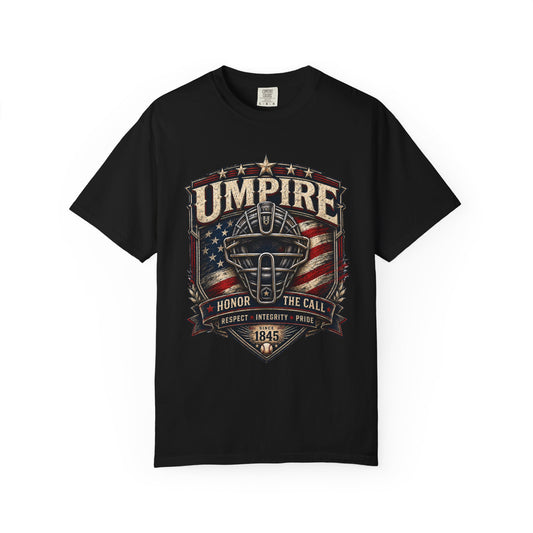Umpire Shield T‑Shirt — Vintage Baseball Umpire Tribute with American Flag